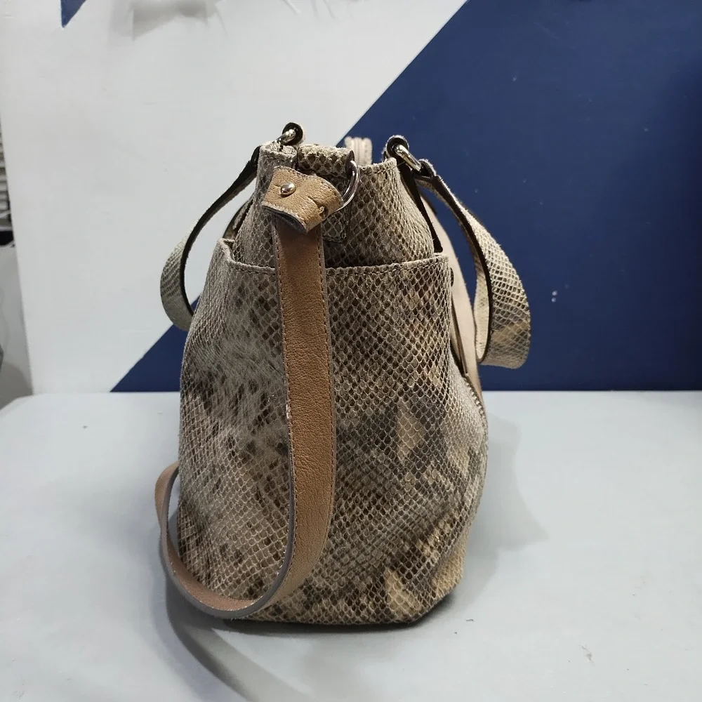 Michael Kors Shoulder Bag Womens Brown Snakeskin Print Suede Leather Zip Closure